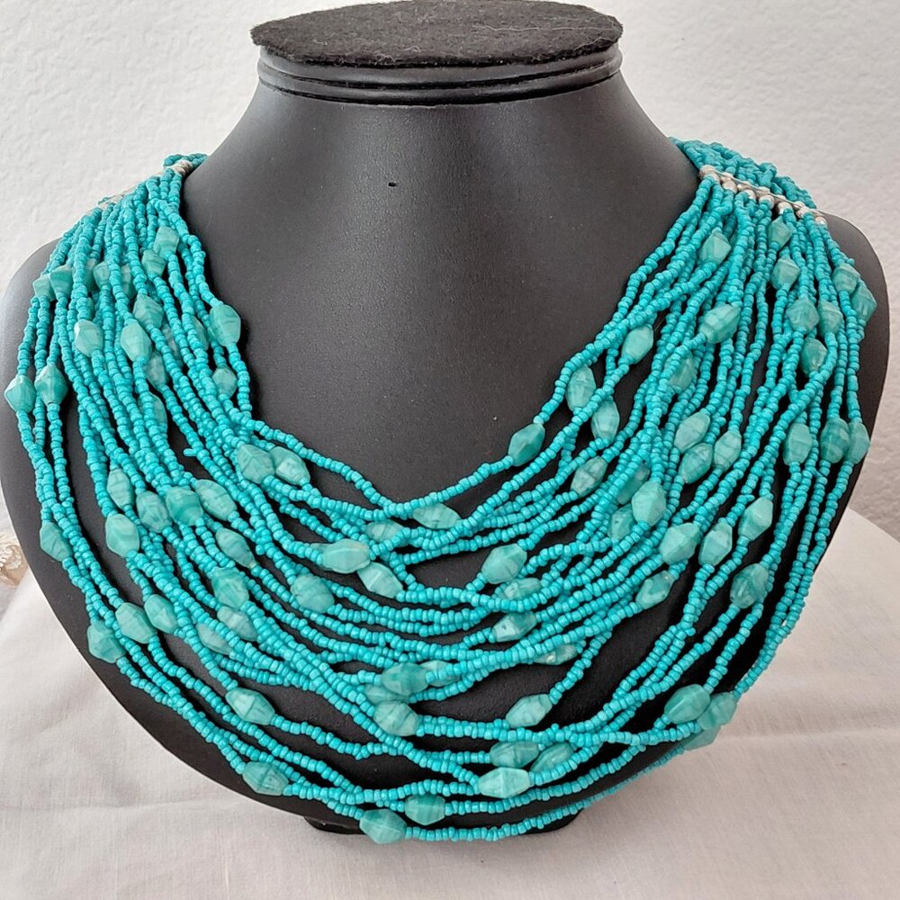 Vintage Multi Strand Turquoise Blue Seed Bead Necklace